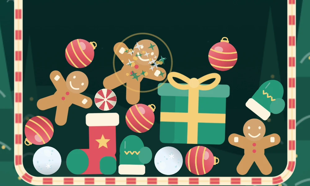 Matching peppermints and gingerbread pieces surround a gold-ribboned Present.