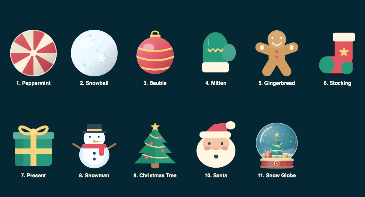 The eleven Christmas pieces in merge order, from Peppermint to Snow Globe.