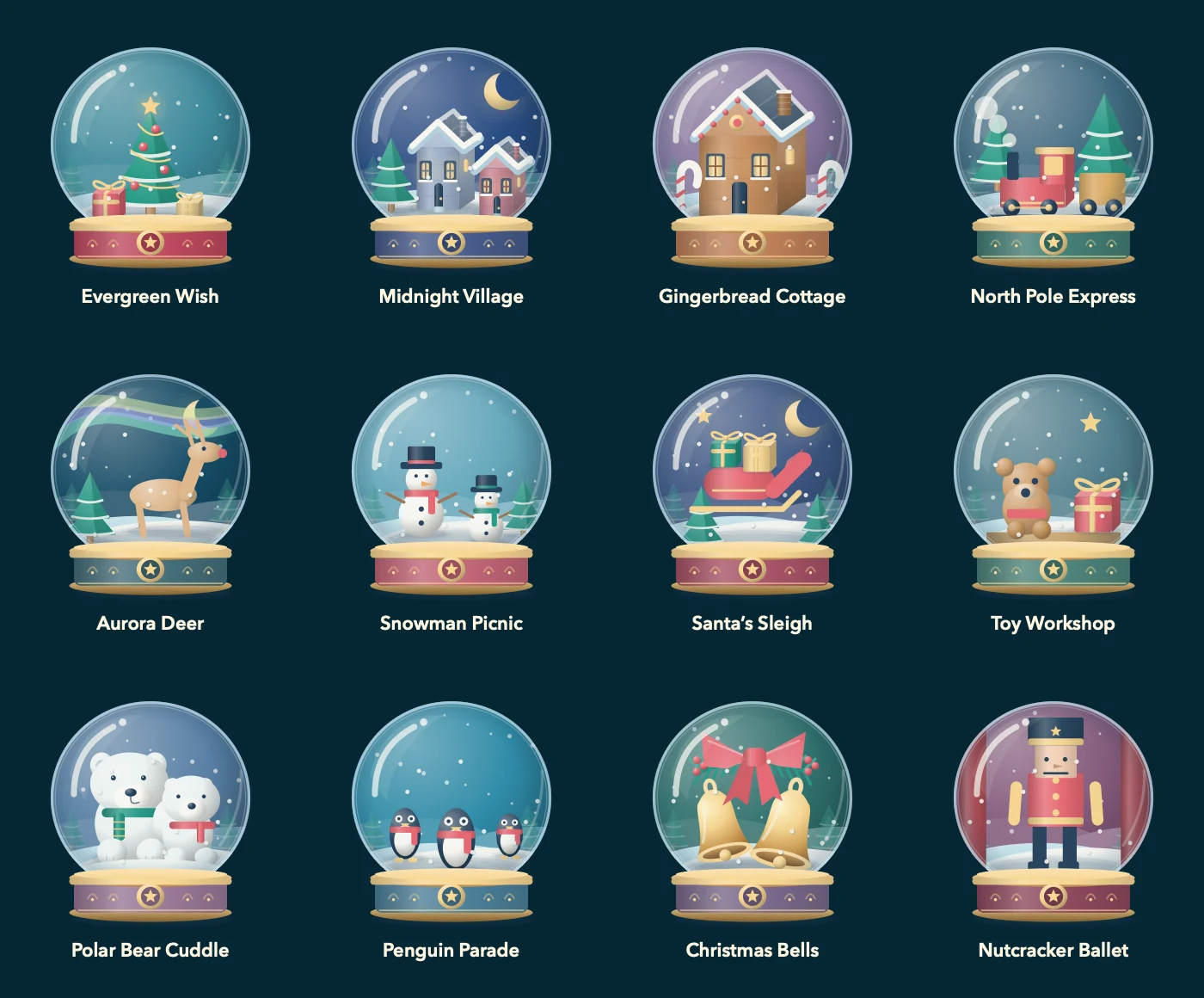 All twelve Snow Globe designs, including Snowman Picnic, Aurora Deer, Gingerbread Cottage, and Toy Workshop.
