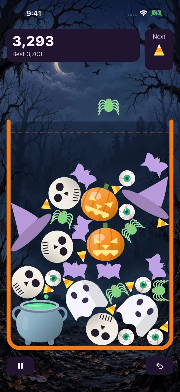 Halloween Drop: skulls, bats, pumpkins, and a rounded cauldron fill an orange-rimmed jar against a moonlit forest.