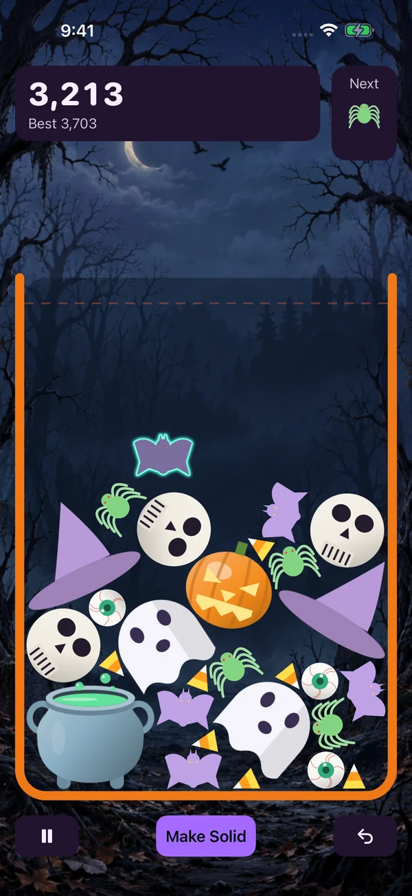 A translucent bat with a cyan glow descends toward the pile, with a Make Solid button below the jar.