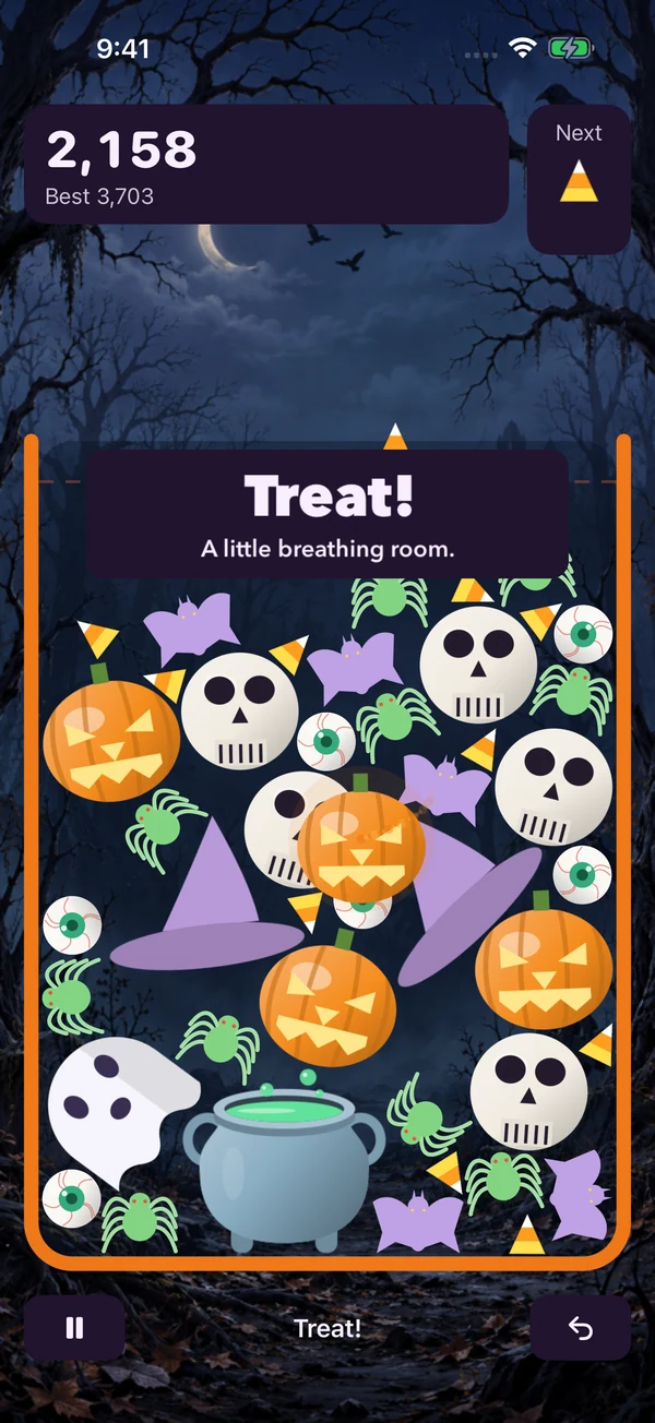 A glowing jack-o’-lantern visits a crowded board beneath the message Treat! A little breathing room.