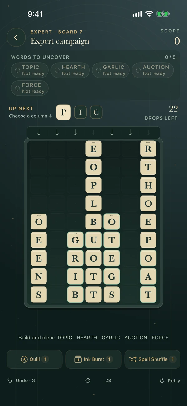 An Expert board with five target words and a crowded board of letters.