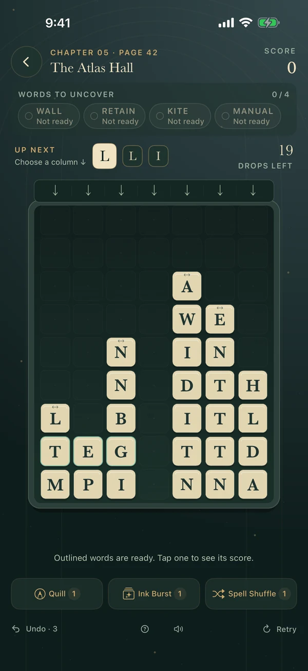 A page of the guided campaign: four target words above a board of letter tiles, with the next three letters waiting to drop.