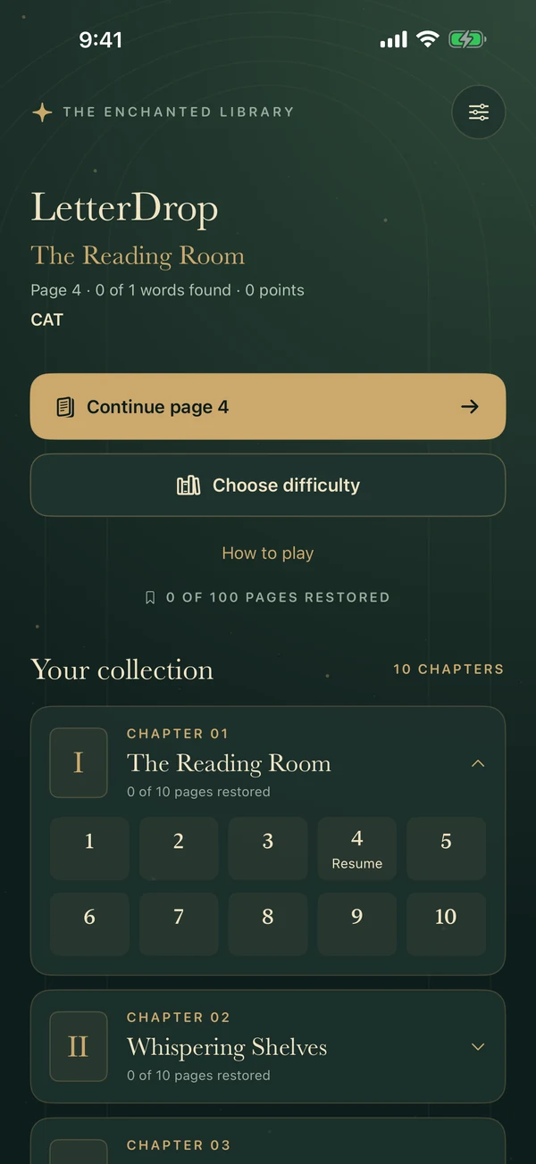 The library home screen showing chapter 1, The Reading Room, with a Continue button and the collection of chapters below.