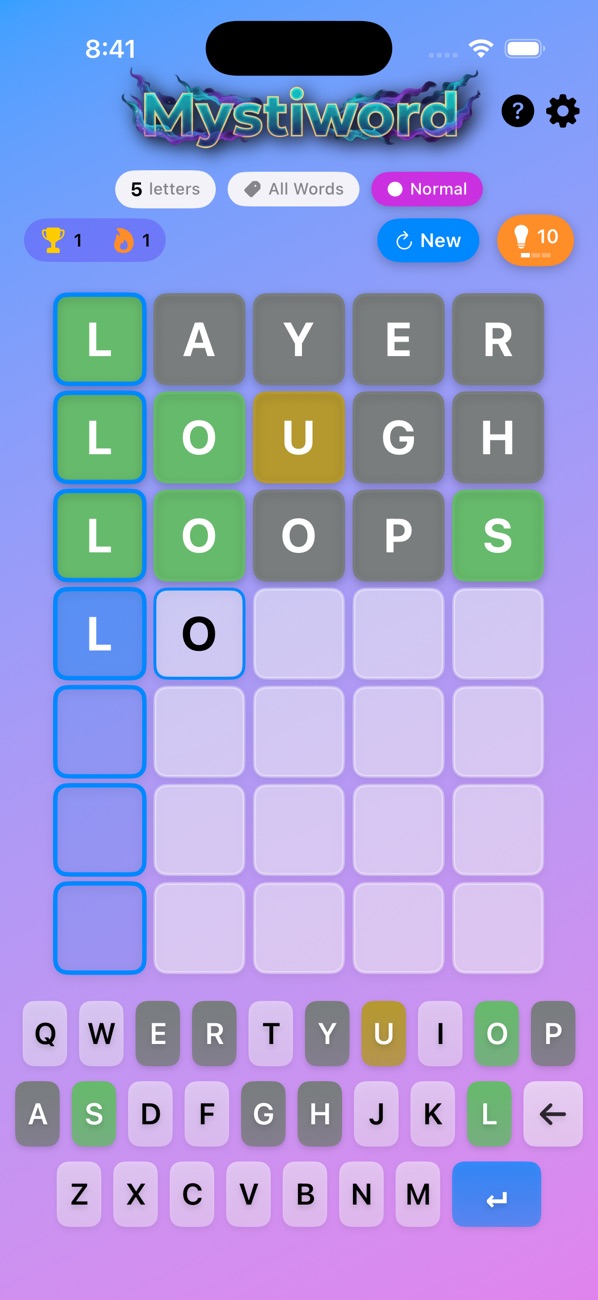 Mystiword’s five-letter puzzle, with colored feedback after each guess.