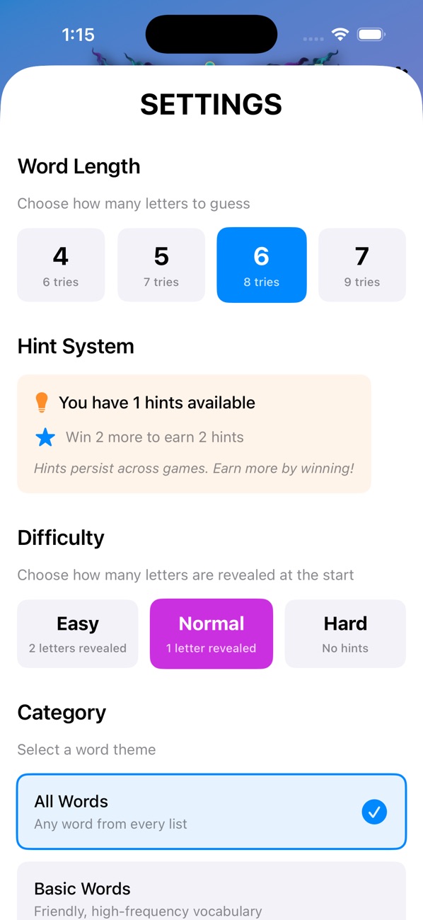 Mystiword Settings: choose word length, difficulty, and category.